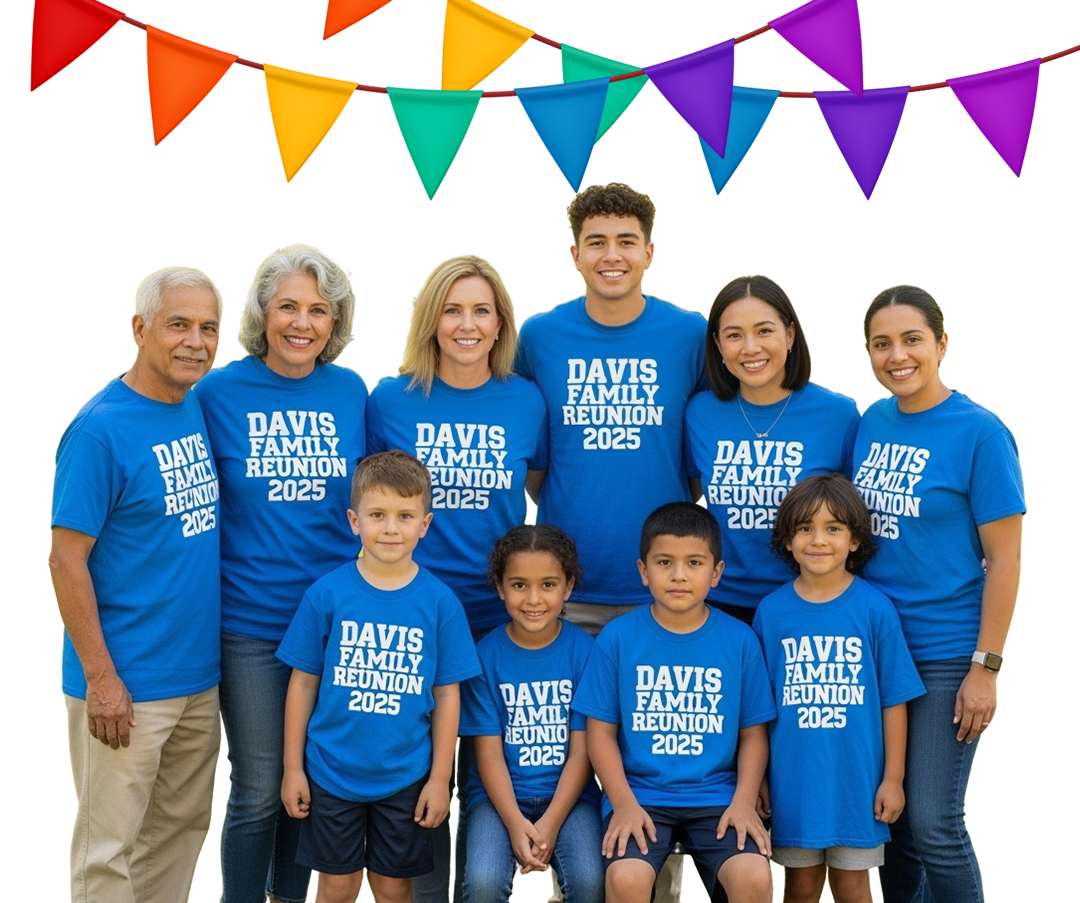 Matching tees for a Rosenberg reunion at a local park, highlighting custom family reunion shirts rosenberg and group-friendly ordering.