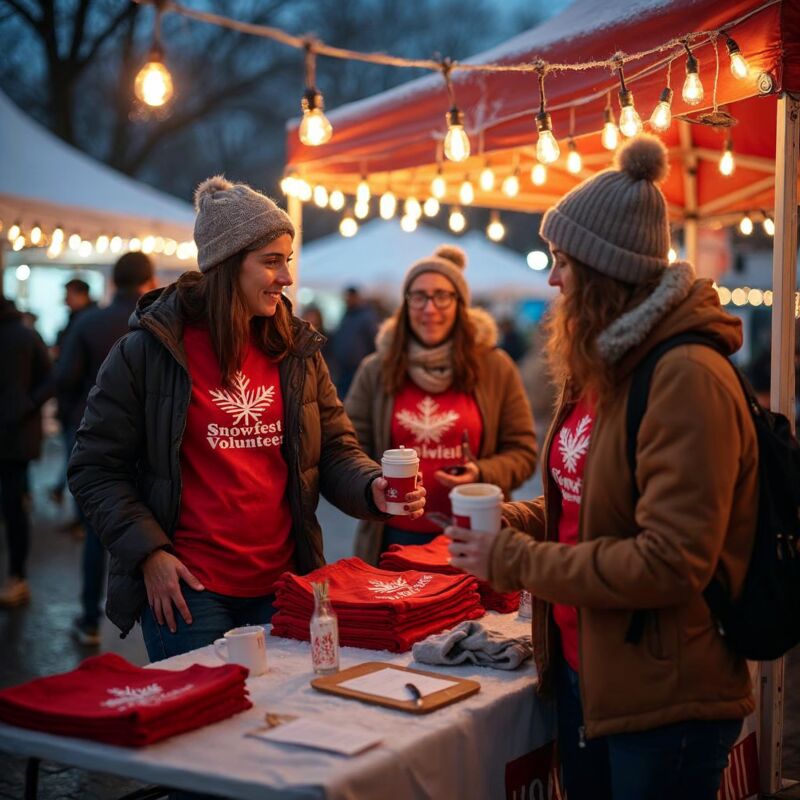 Volunteers at a winter booth; Missouri City Snowfest t-shirts missouri city printed for staff and community groups.