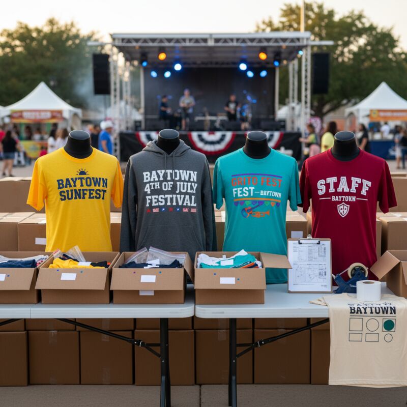 baytown sunfest event t-shirts on display with mannequins and stage in background, perfect for holiday celebrations, volunteers, and community apparel