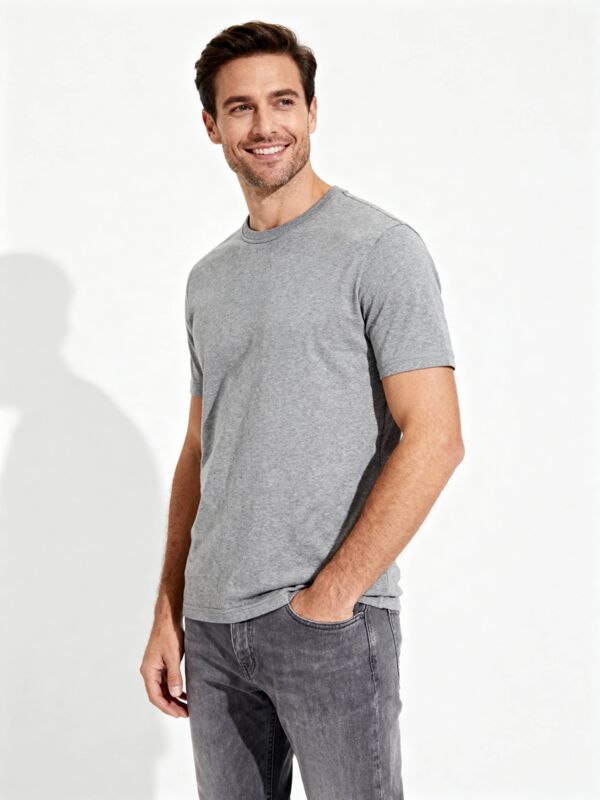 Man wearing gray T-shirt for custom mens apparel