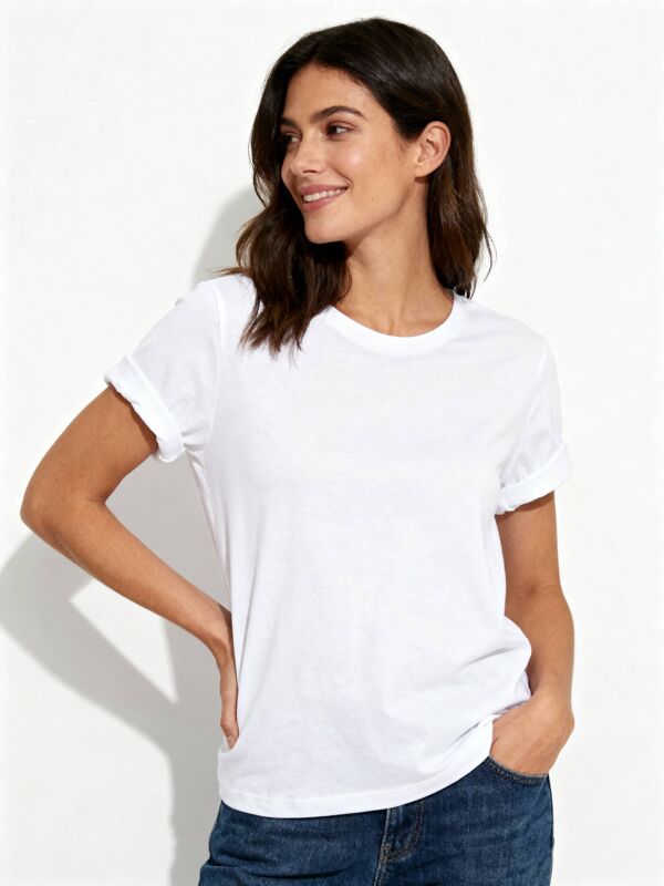 Woman wearing white T-shirt for custom womens shirts
