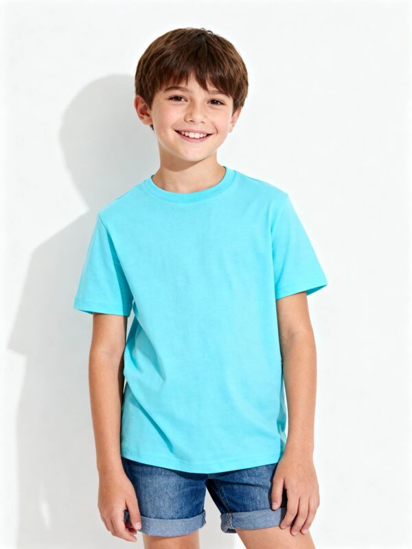 Boy wearing light blue T-shirt for custom youth apparel