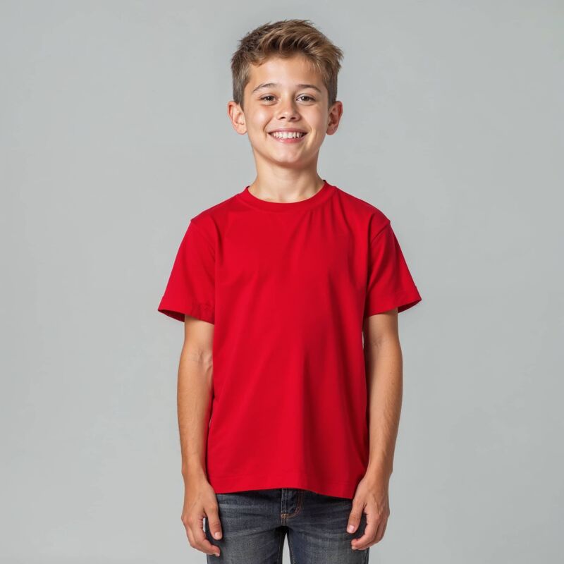 Smiling youth in red blank t-shirt on gray studio backdrop; front view showing comfortable fit for kids with sizing reference.